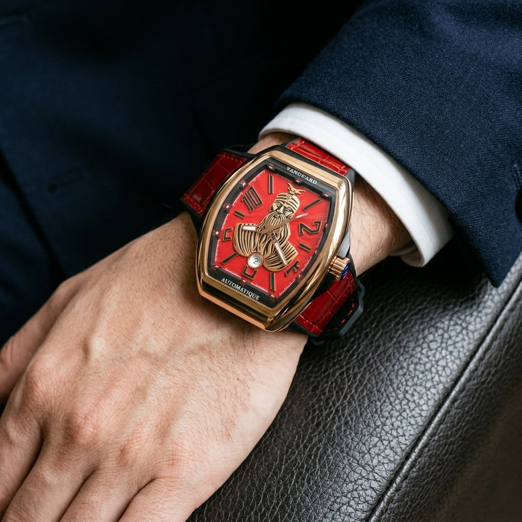 Rose gold curved tonneau watch with a red dial on its red strap, worn on the wrist below a dark suit cuff