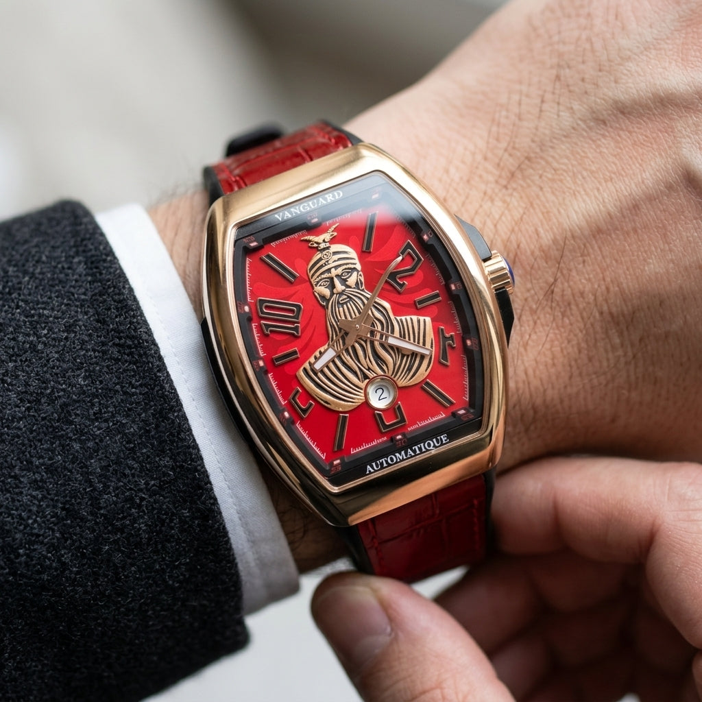Rose gold curved tonneau watch with a red dial on the wrist as a shirt cuff is fastened