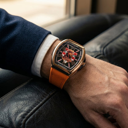 Rose gold curved tonneau watch with a checkerboard king dial on its orange strap, worn on the wrist below a dark suit cuff