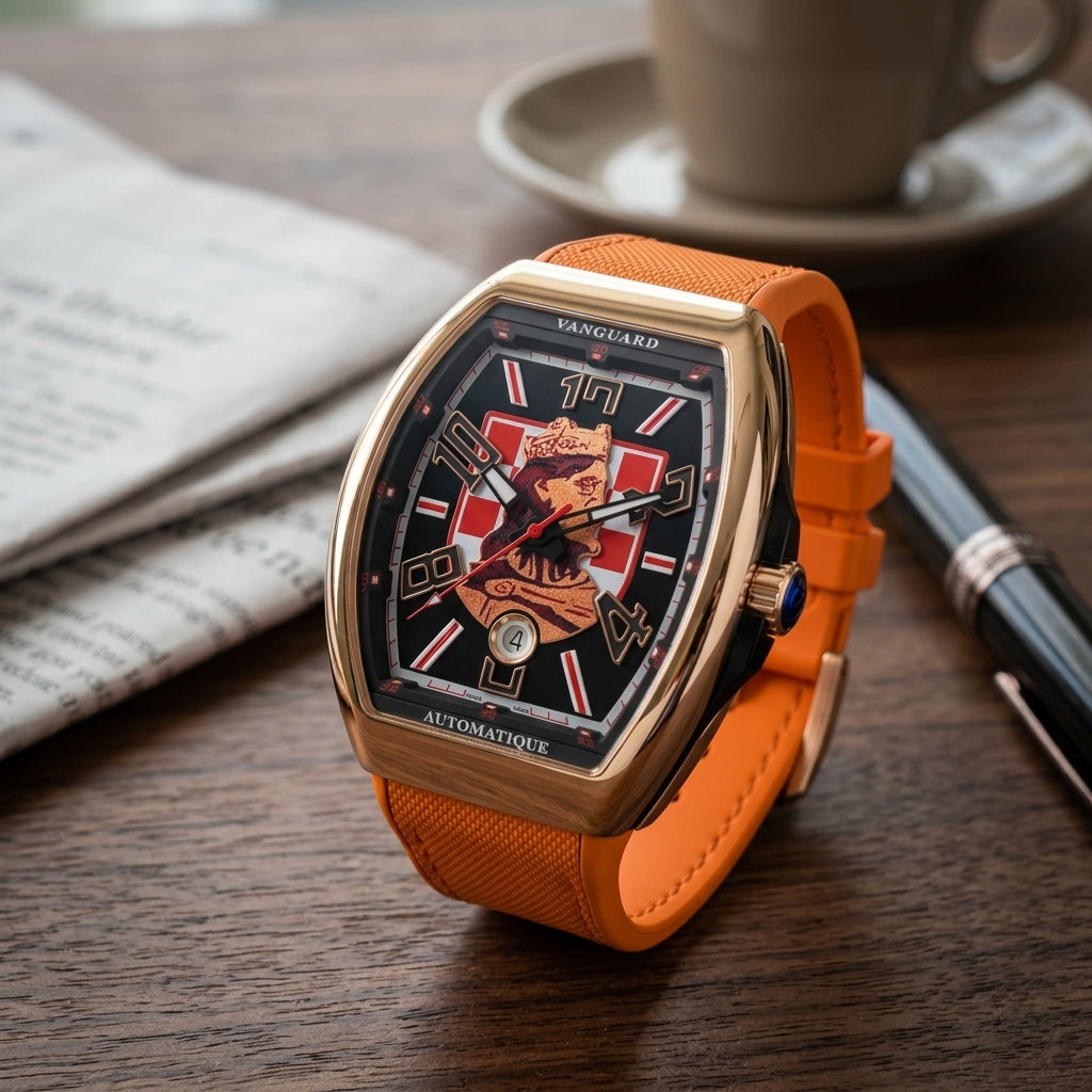 Rose gold curved tonneau watch with a checkerboard king dial on a dark walnut desk beside a fountain pen