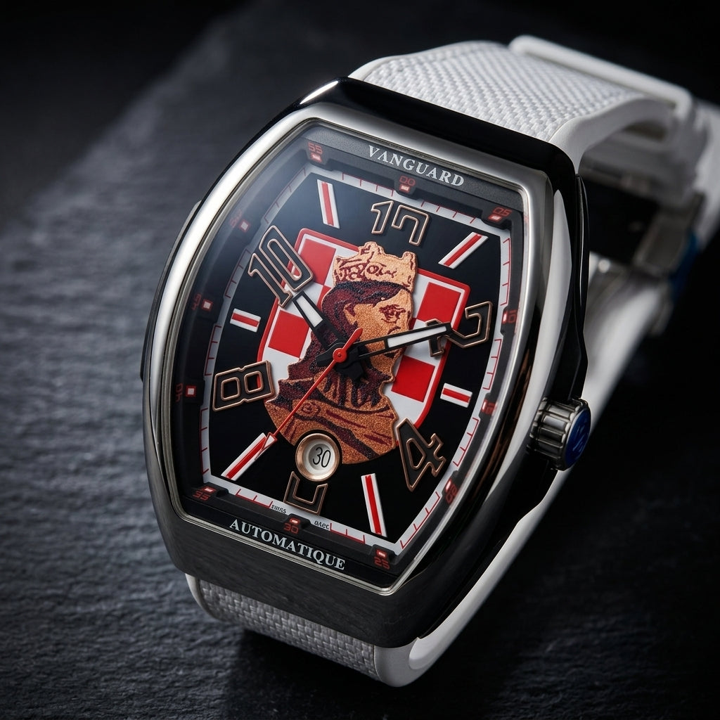 Steel curved tonneau watch at a three-quarter angle on dark slate, the blue-capped crown beside the polished steel and black case side