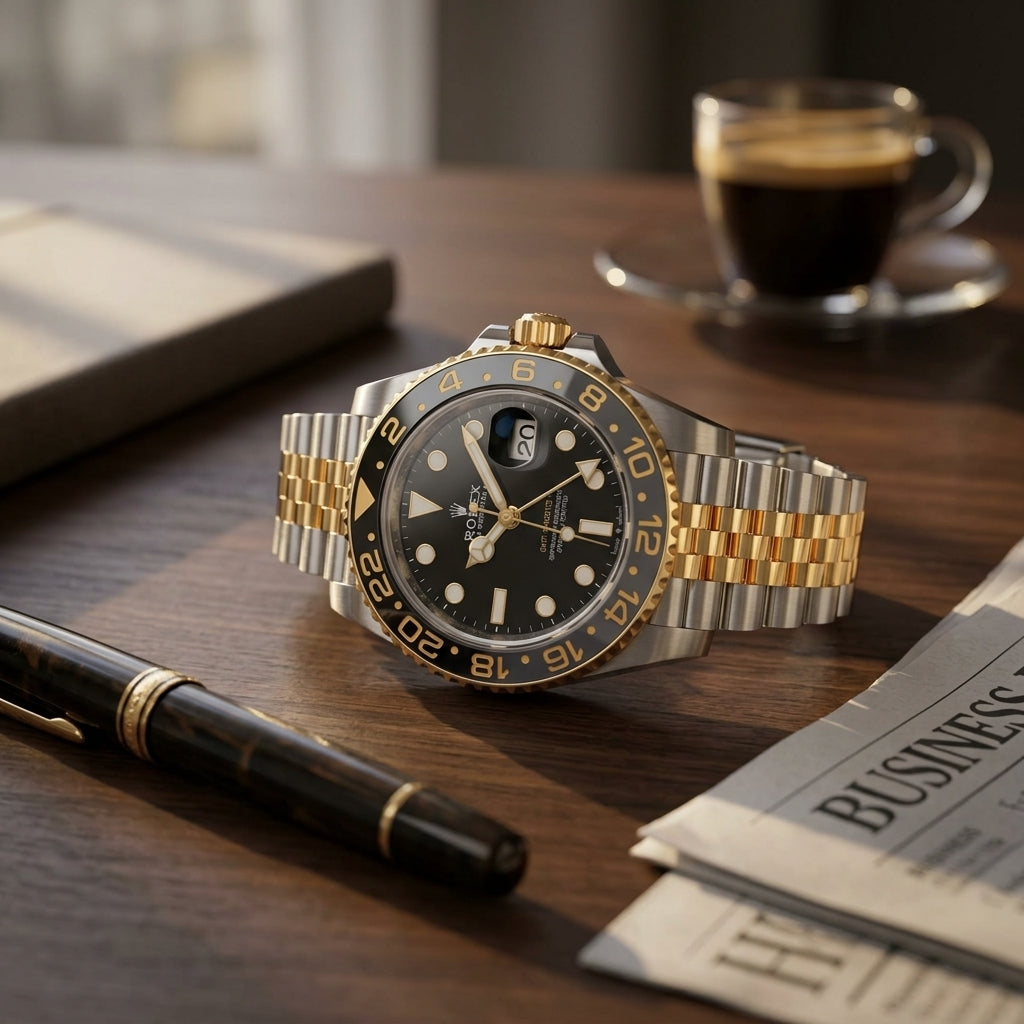 Two-tone rose gold and steel GMT watch on a dark walnut desk beside a fountain pen