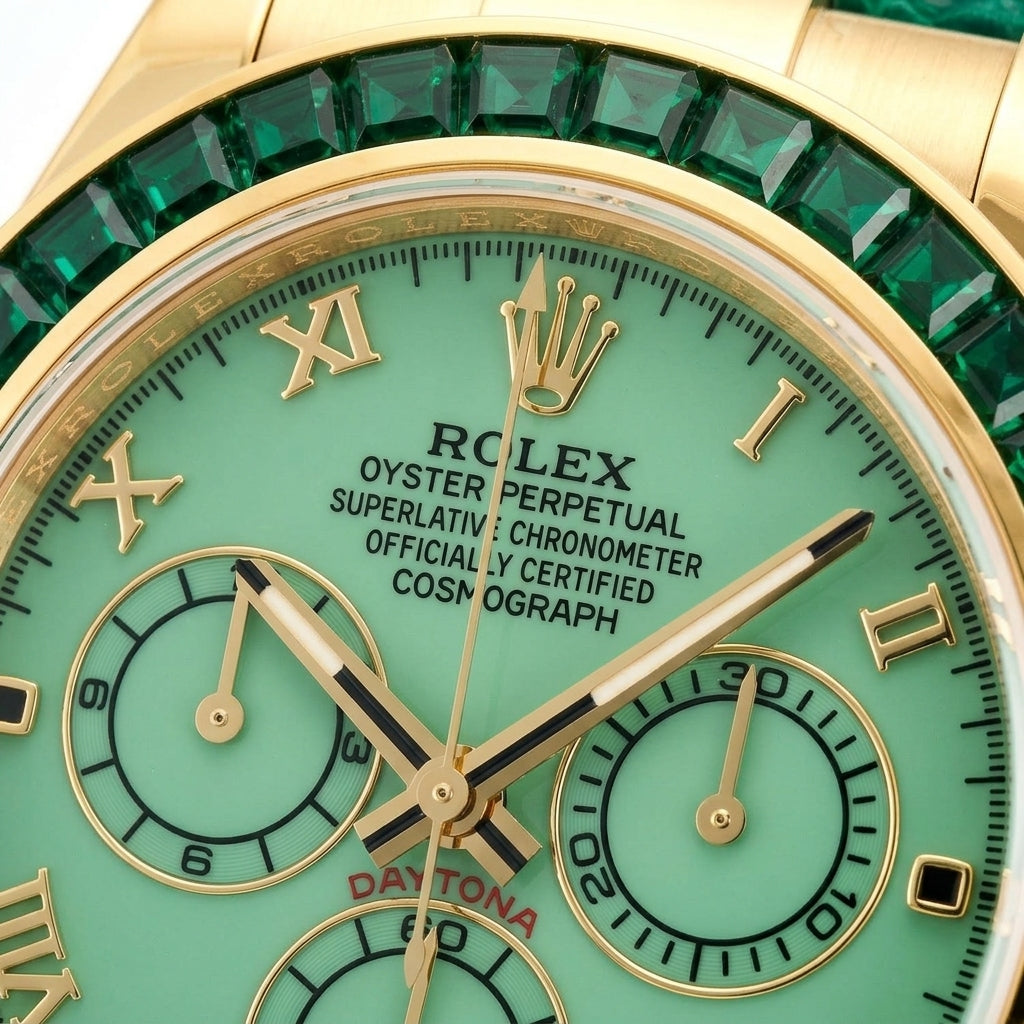 Macro of the pale green dial with gold Roman numerals, three pale green counters in gold rings and the green baguette stones at the edge