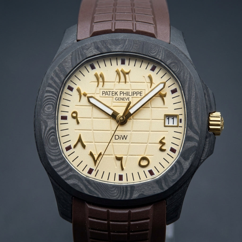 Macro of the cream globe-grid dial with raised gold Eastern Arabic numerals, burgundy hour markers outlined in white and gold hands