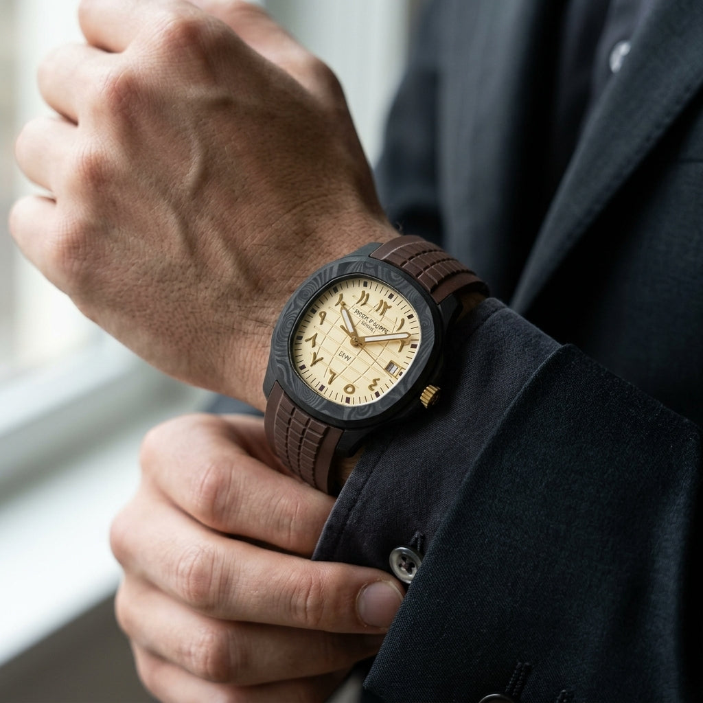 Forged-carbon grid-dial watch with a cream dial and gold Eastern Arabic numerals on the wrist as a shirt cuff is fastened