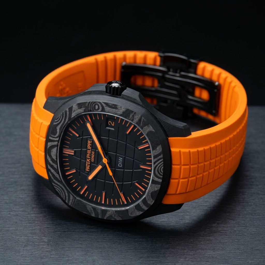 Black forged-carbon grid-dial watch at a three-quarter angle on dark slate, grey marbling across the bezel and a black fluted crown
