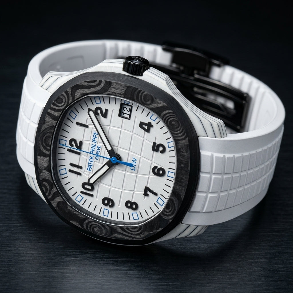 White carbon grid-dial watch at a three-quarter angle on dark slate, grey-black layer lines along the white case flank and a black fluted crown