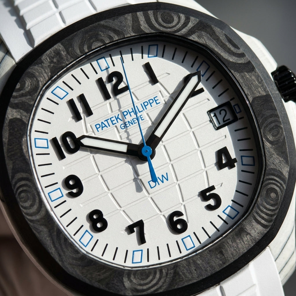 Macro of the white globe-grid dial with raised black numerals, hollow blue square markers, a blue seconds hand and the date window at three