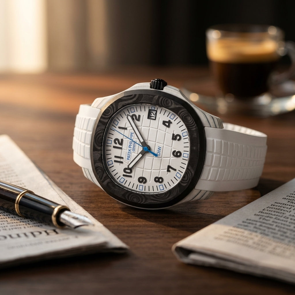 White carbon grid-dial watch with a black bezel and blue accents on a dark walnut desk beside a fountain pen