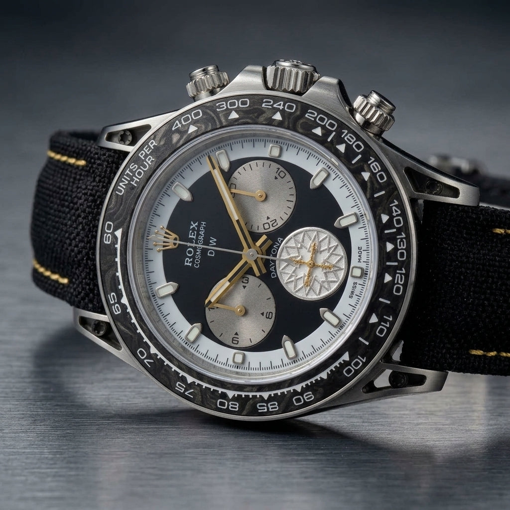 Forged carbon chronograph at a three-quarter angle on dark slate