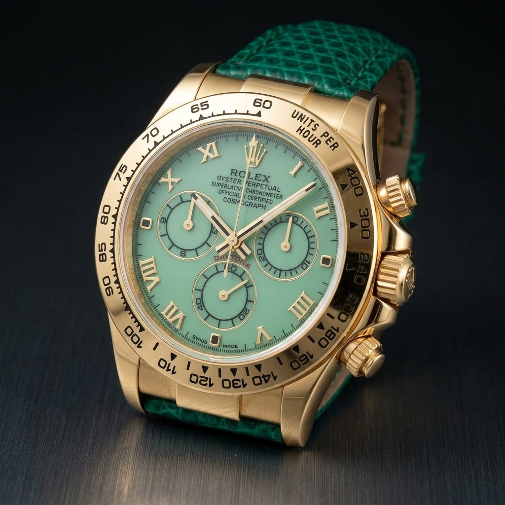 Gold-tone chronograph at a three-quarter angle on dark slate, its screw-down crown and fluted pushers beside a deep green lizard-grain strap
