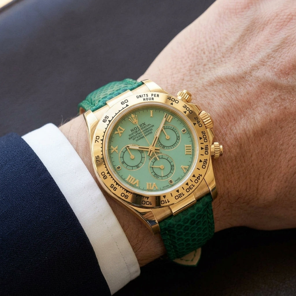 Gold-tone chronograph with a pale green dial on a deep green lizard-grain strap, worn on the wrist below a navy suit cuff