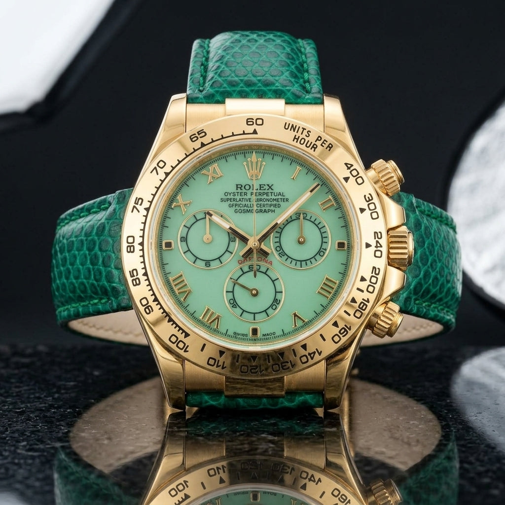 Gold-tone chronograph with a pale green dial on a deep green lizard-grain strap, worn on the wrist below a navy suit cuff