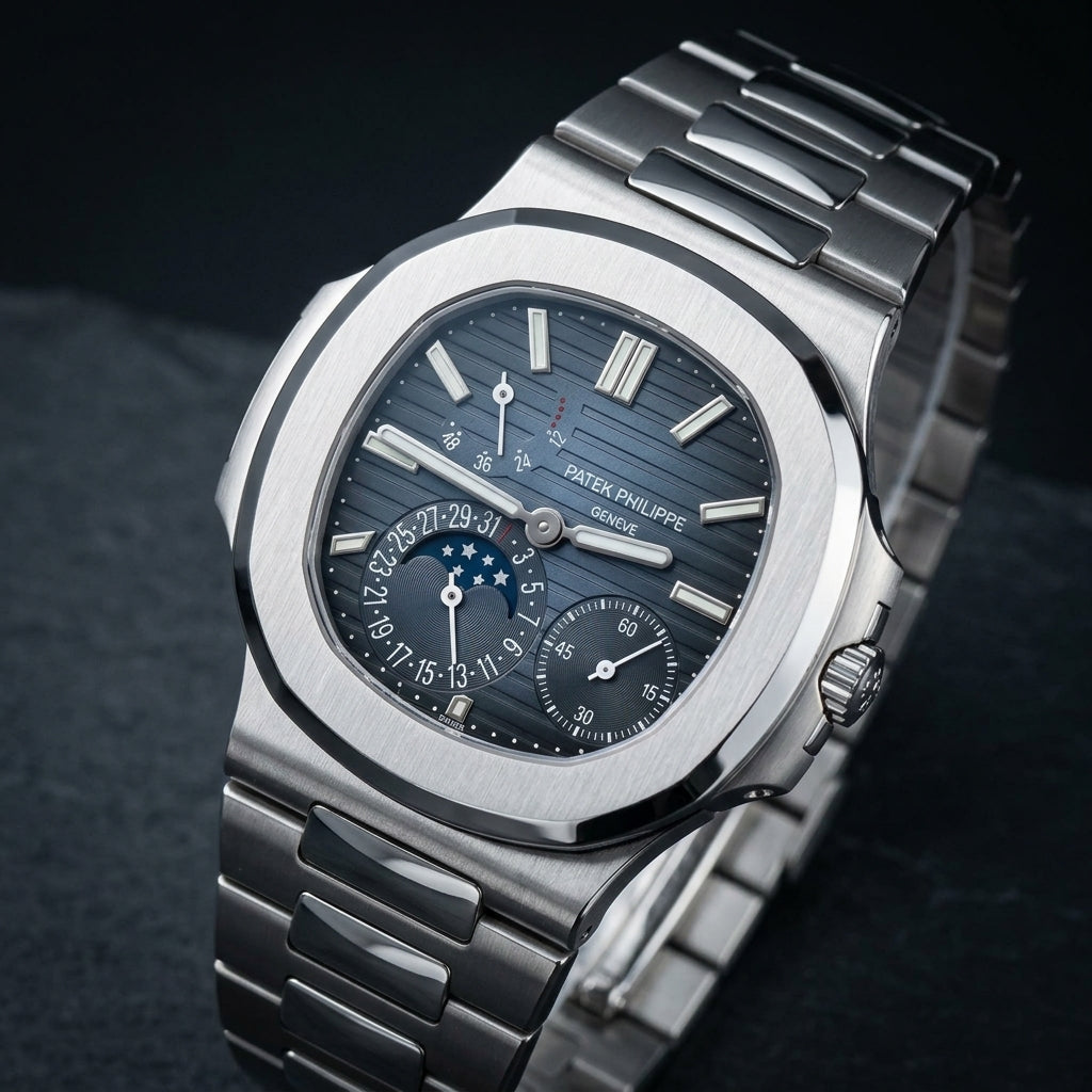 Steel moonphase sports watch at a three-quarter angle on dark slate, its brushed bezel and polished bevels catching the light