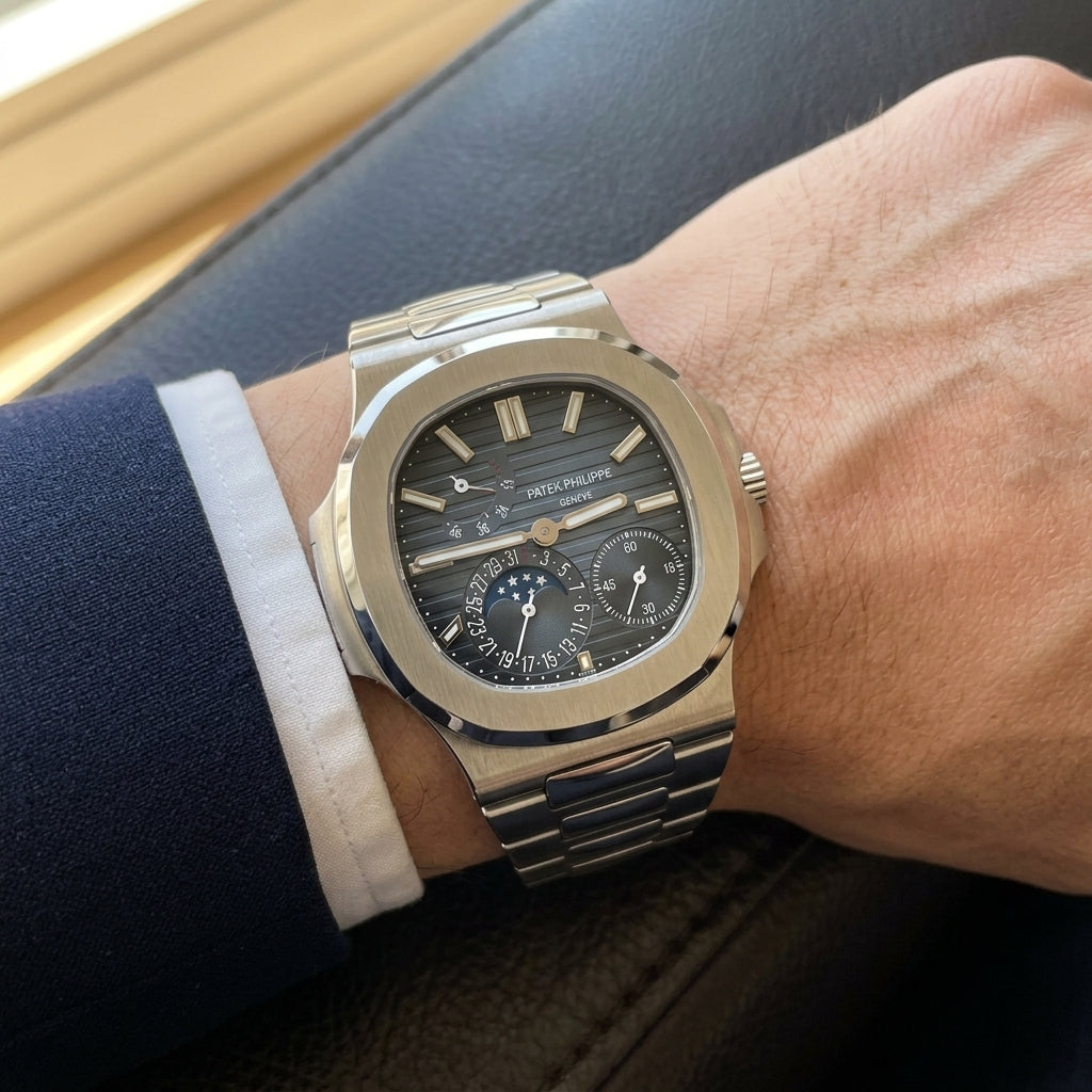 Steel moonphase sports watch on its integrated steel bracelet, worn under a navy suit cuff