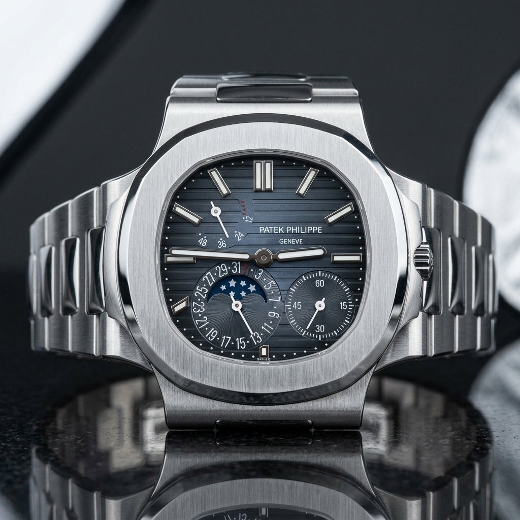 Steel moonphase sports watch standing on dark stone, its integrated bracelet curving away behind the case