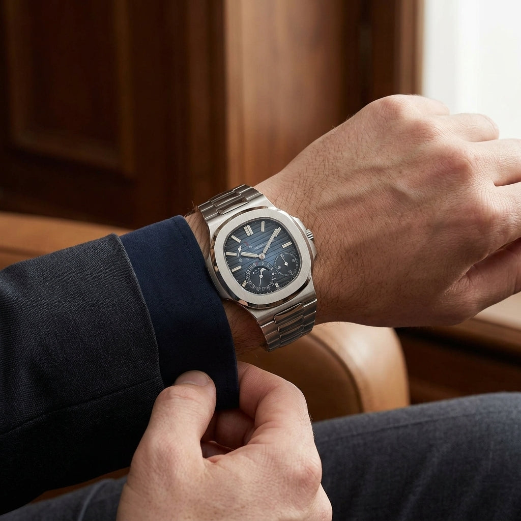 The steel moonphase sports watch on the wrist as a shirt cuff is fastened