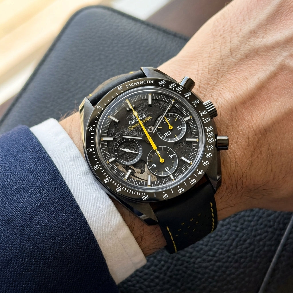 Black ceramic moon chronograph on a black perforated strap with yellow stitching, worn on a wrist below a navy suit cuff