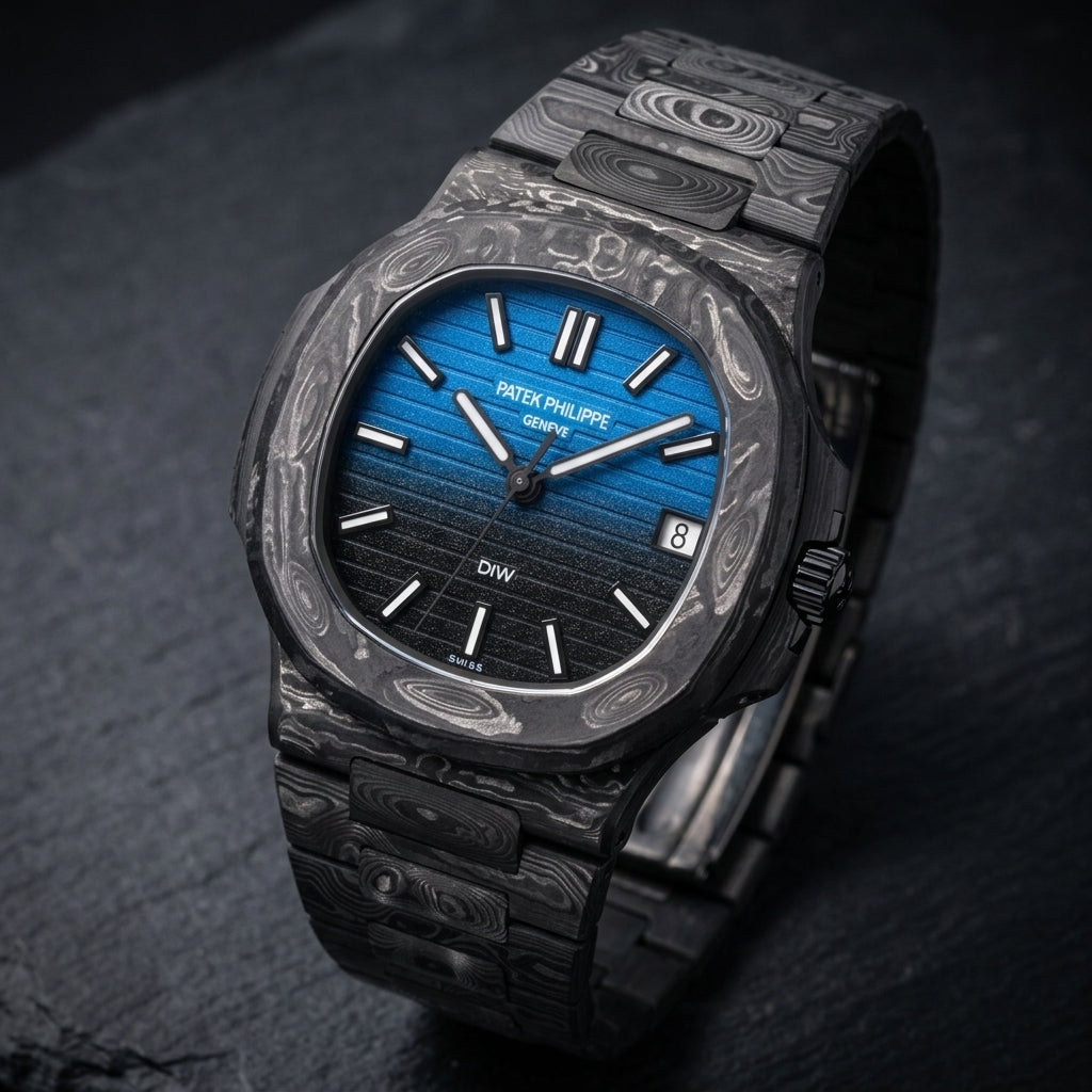 Forged carbon sports watch at a three-quarter angle on dark slate, the rounded-octagon bezel veined in silver-grey beside the black crown