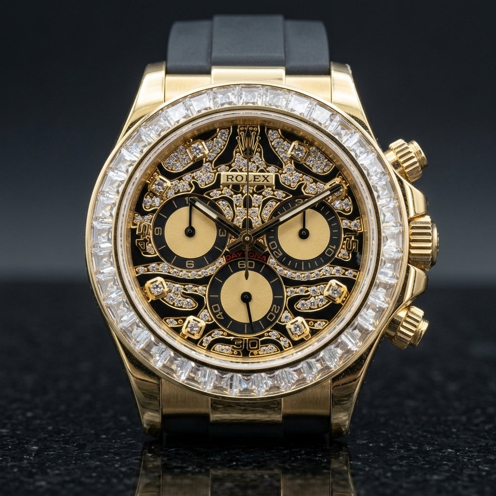 Yellow gold chronograph with a black pavé leopard dial and a clear baguette bezel, upright on polished black granite