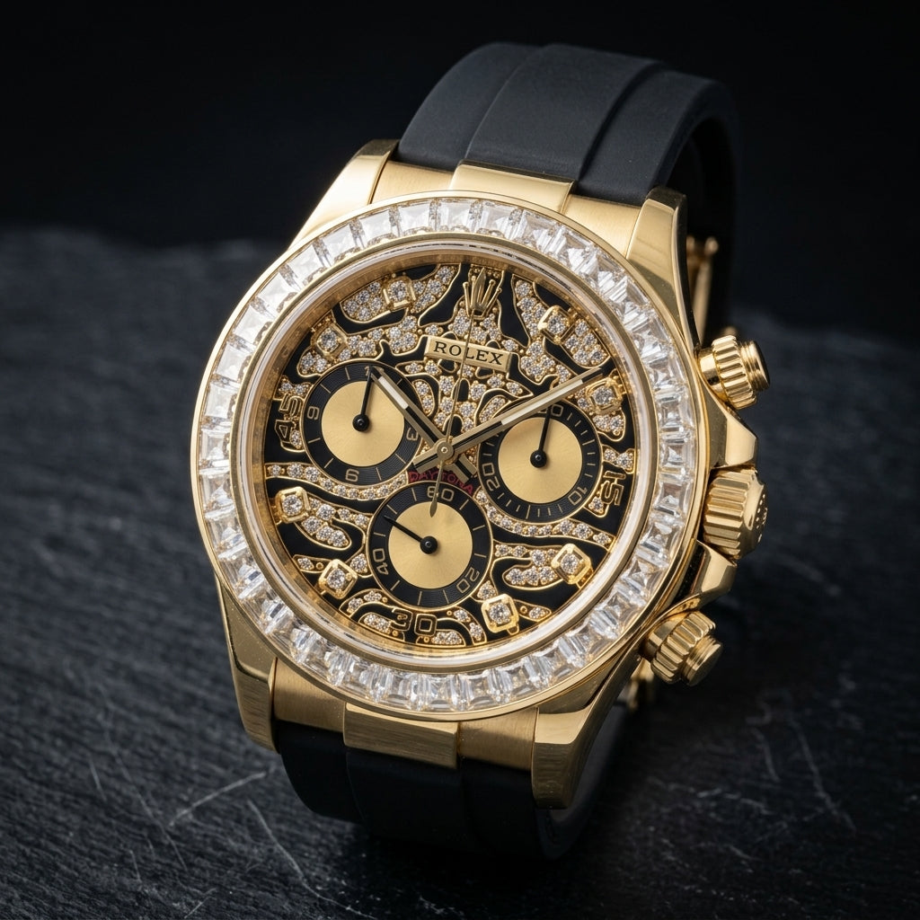 Yellow gold chronograph at a three-quarter angle on dark slate, the baguette bezel beside the fluted gold crown and pushers