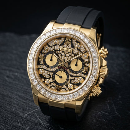 Yellow gold chronograph at a three-quarter angle on dark slate, the baguette bezel beside the fluted gold crown and pushers