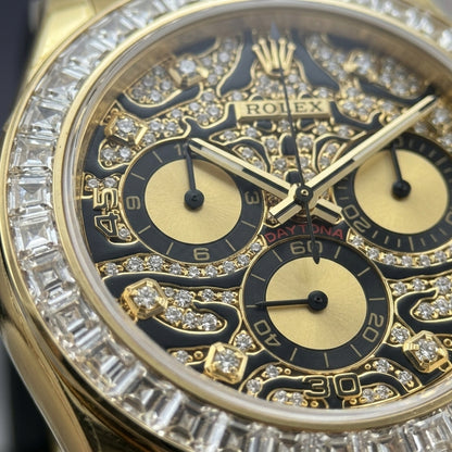 Macro of the black dial with gold-rimmed leopard spots of clear stones and three champagne counters