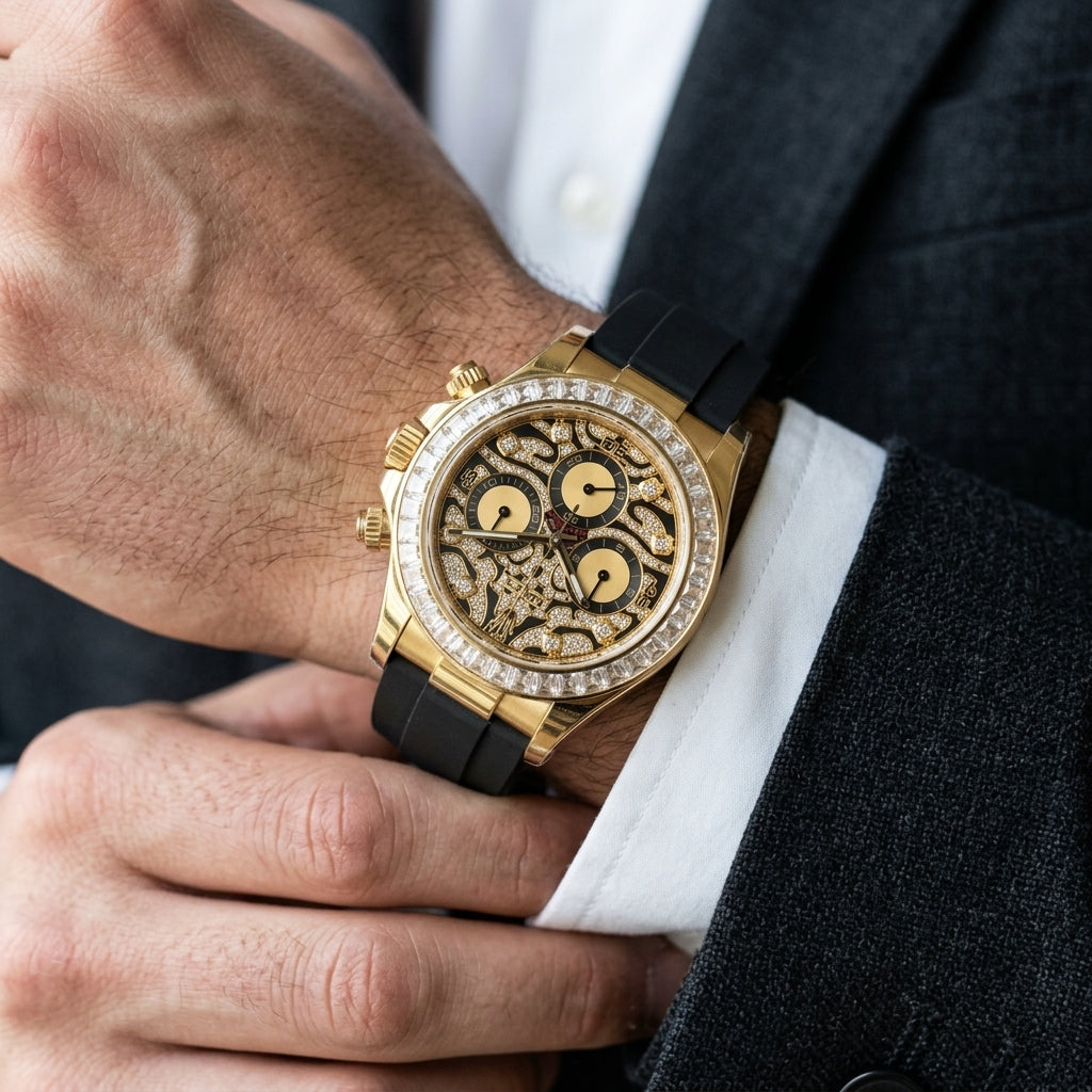 Yellow gold chronograph with a black pavé leopard dial on the wrist as a shirt cuff is fastened