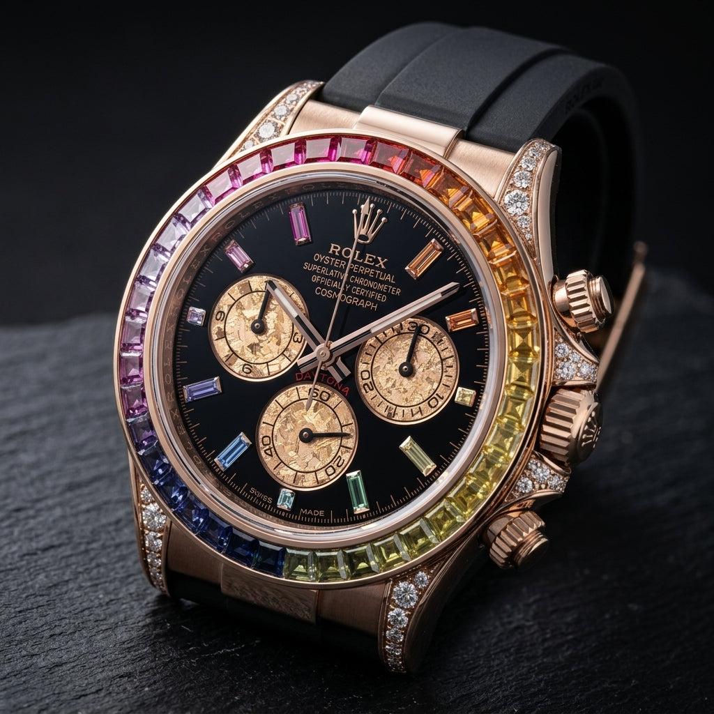 Rose-gold chronograph at a three-quarter angle, the yellow and orange stones of the bezel beside the fluted crown and stone-set crown guards