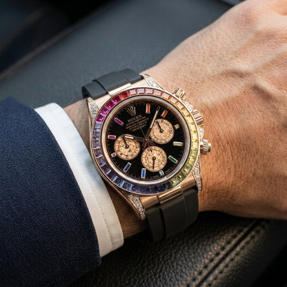Rose-gold chronograph with a rainbow stone bezel on its black rubber strap, worn on the wrist below a dark suit cuff