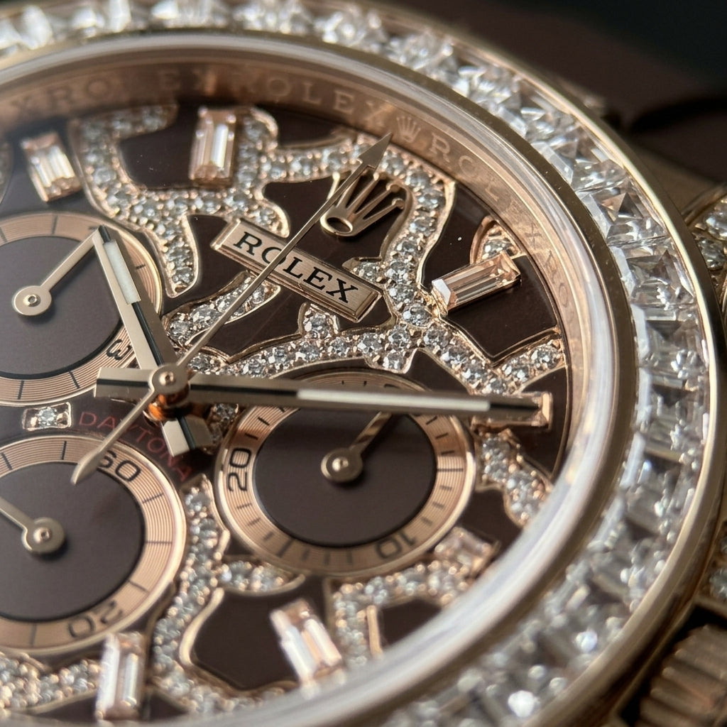Macro of the chocolate-brown dial with leopard rosettes in clear pavé, baguette markers and three brown counters