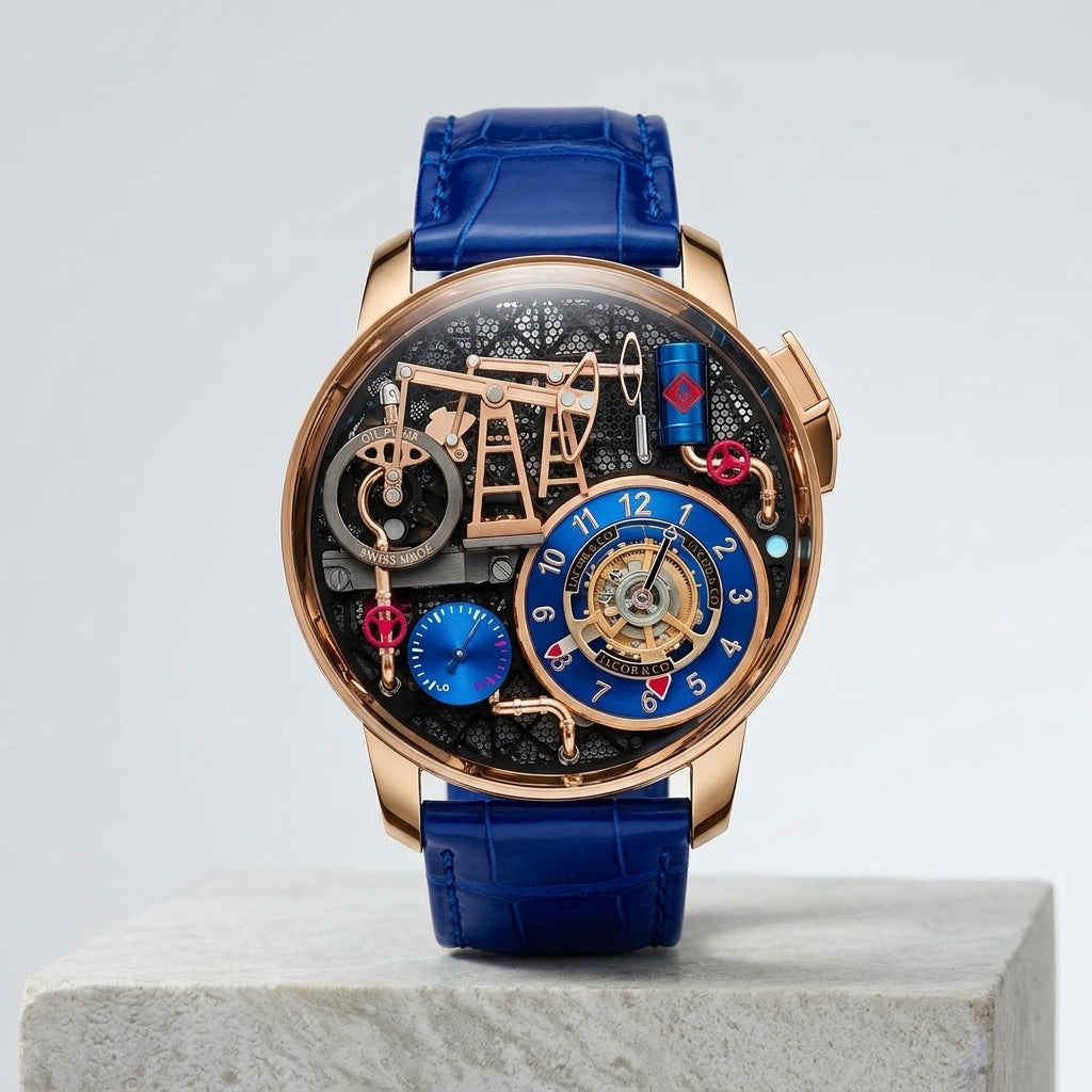 Oil pump automatic watch with a gold case on a blue strap, standing on pale grey stone with the whole strap in view