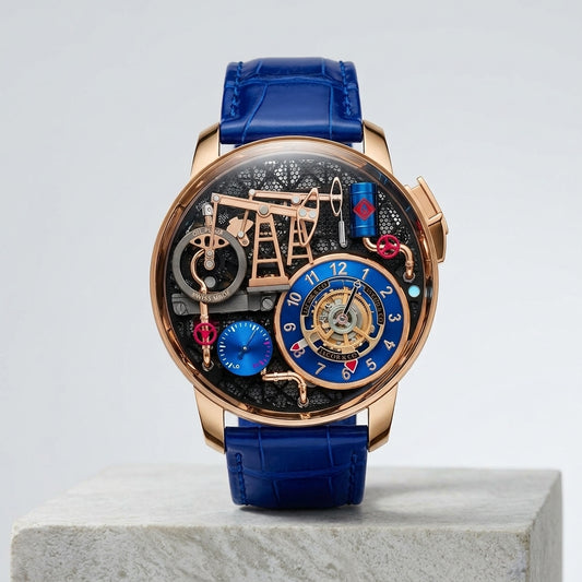 Oil pump automatic watch with a gold case on a blue strap, standing on pale grey stone with the whole strap in view