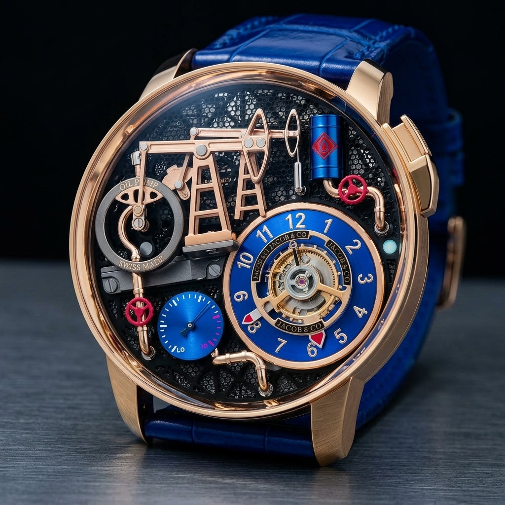 The gold-case oil pump watch at a three-quarter angle on dark slate, its pusher at two o'clock catching the light