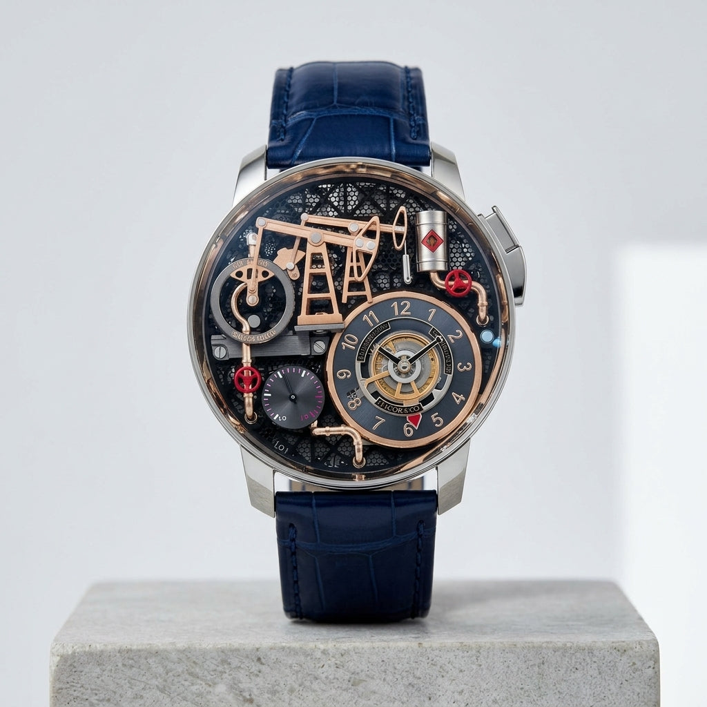 Oil pump automatic watch with a silver case on a blue strap, standing on pale grey stone with the whole strap in view
