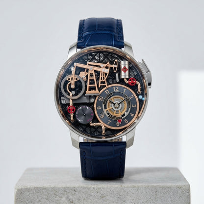 Oil pump automatic watch with a silver case on a blue strap, standing on pale grey stone with the whole strap in view