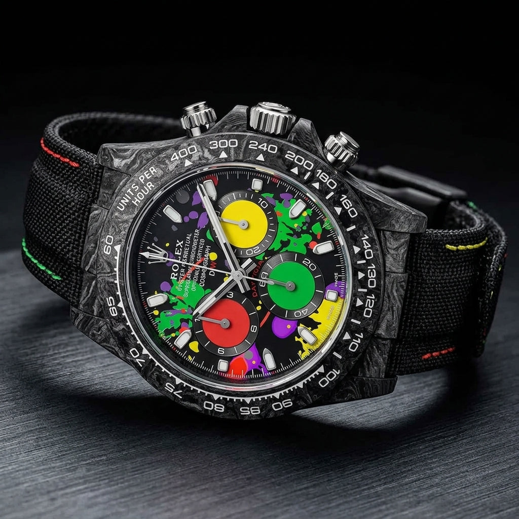 Forged-carbon chronograph with a paint-splash dial at a three-quarter angle on dark slate