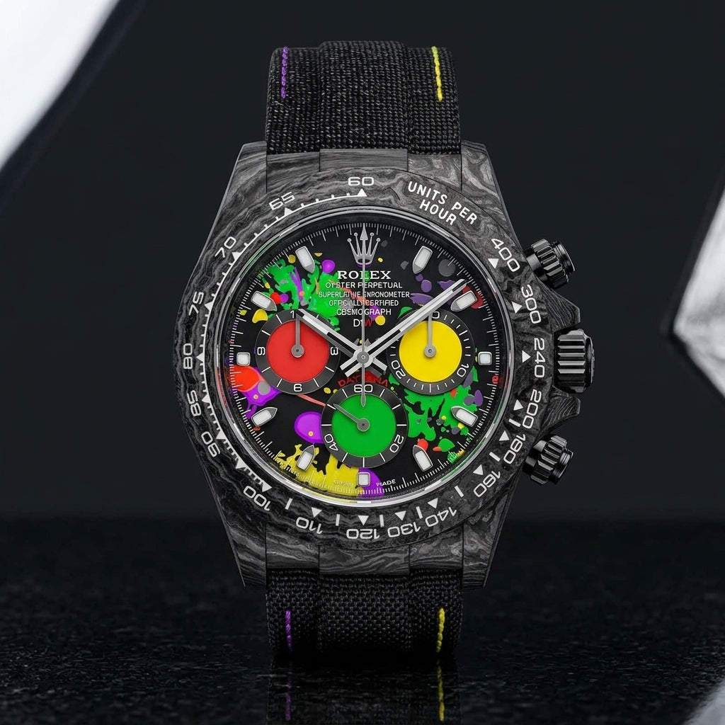 Forged-carbon chronograph on a black woven strap with coloured stitching, worn under a cuff