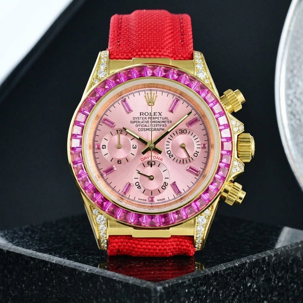 Gold-tone 43 mm chronograph with a pink sunburst dial, three pink counters and a pink stone bezel standing upright on polished black granite