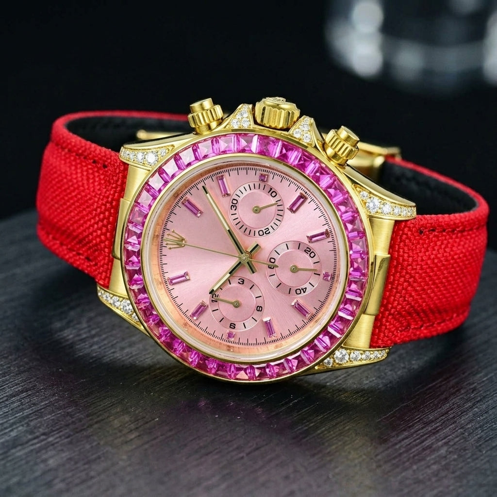 Gold-tone chronograph with a pink baguette-stone bezel and clear stones along the lugs at a three-quarter angle on dark slate, its red canvas strap curving away