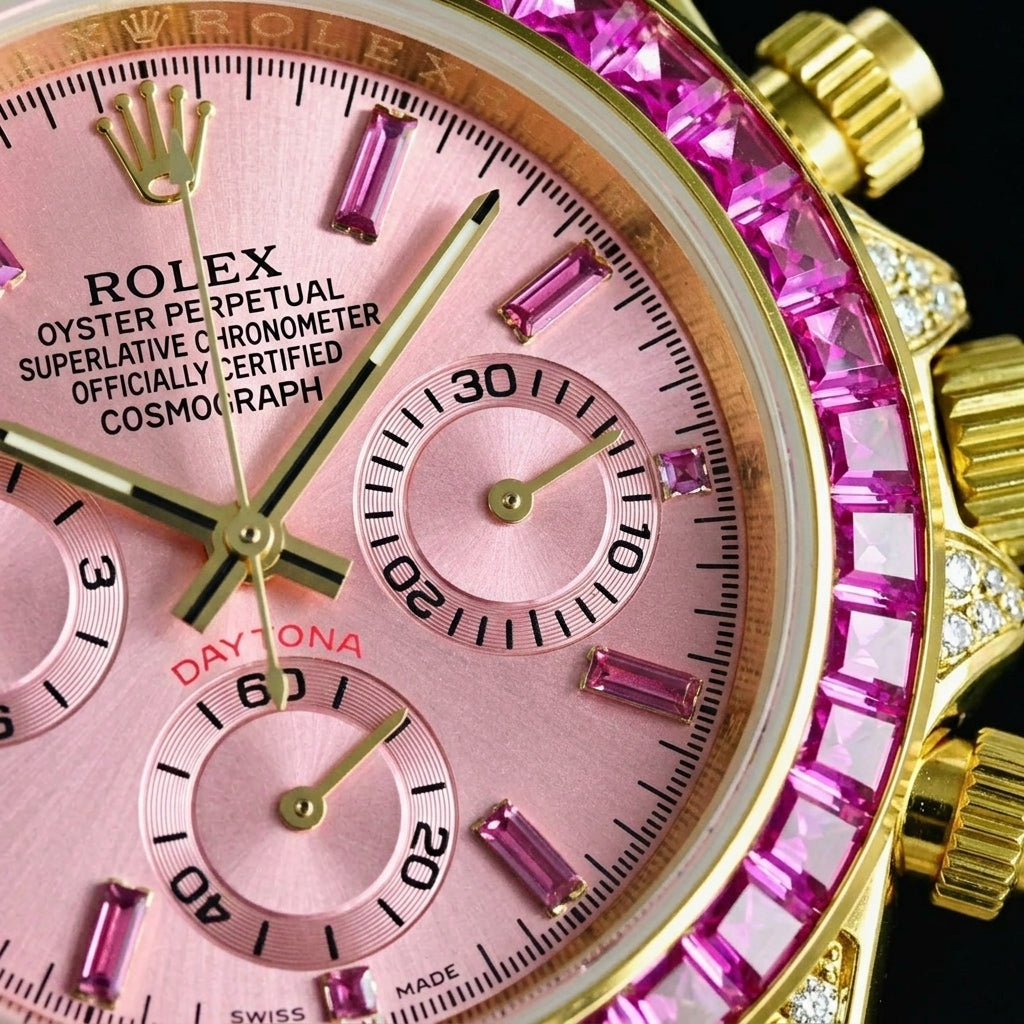 Macro of the pink sunburst dial, its pink baguette hour markers in gold-tone settings, the three pink counters and the pink stone bezel