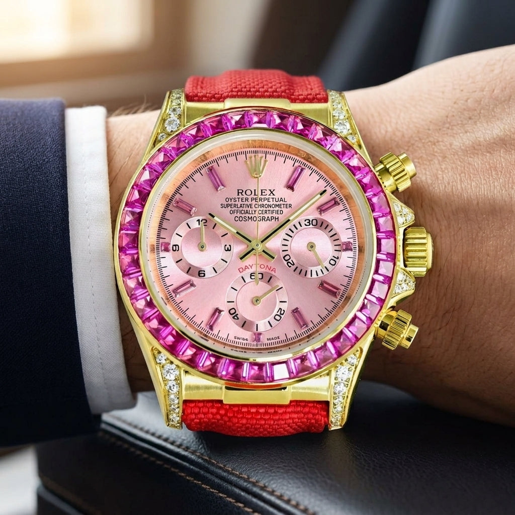 Gold-tone chronograph with a pink dial and a pink stone bezel on a red canvas strap, worn on the wrist below a navy suit cuff