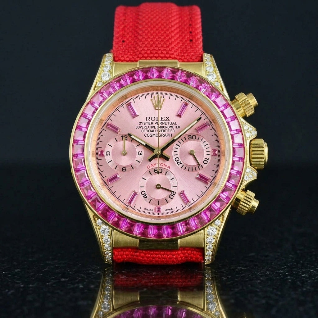 Gold-tone chronograph with a pink dial and a pink stone bezel on a red canvas strap, worn on the wrist below a navy suit cuff
