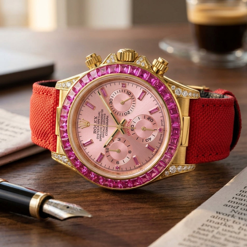 Gold-tone chronograph with a pink dial and a pink stone bezel on a dark walnut desk beside a fountain pen