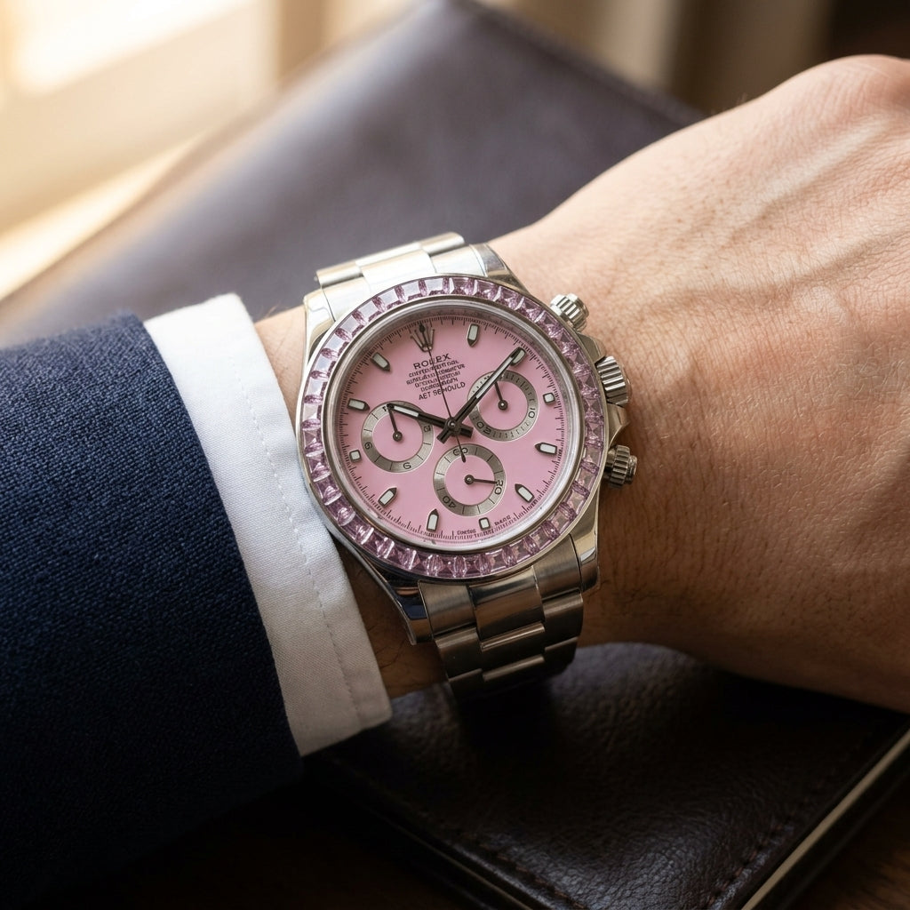 Pink dial steel chronograph worn under a navy suit cuff