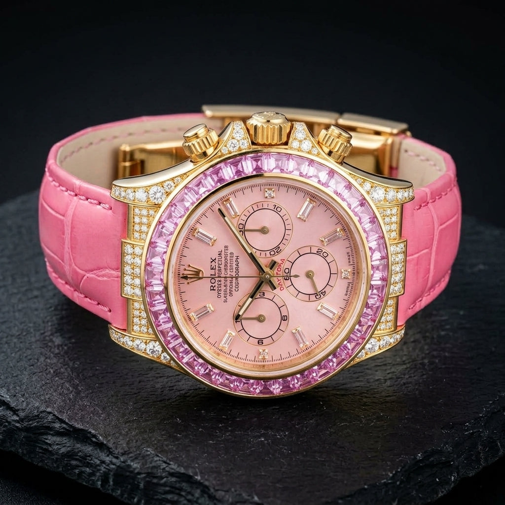 Gold chronograph with a pink baguette bezel and clear stone-set lugs at a three-quarter angle on dark slate, its pink alligator strap beside it