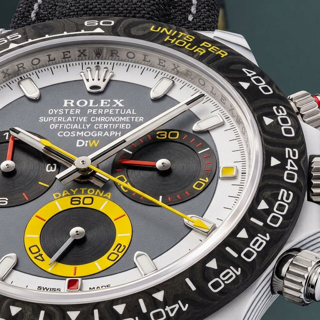 Macro of the grey dial, the yellow-ringed counter at six and the engraved white chapter ring