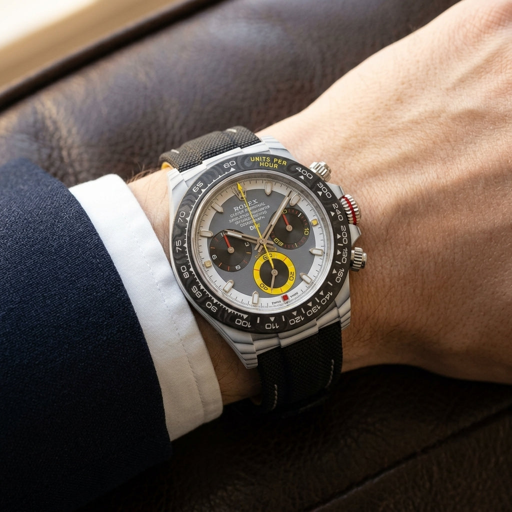 White CarboQuartz chronograph on a black woven strap, worn under a cuff