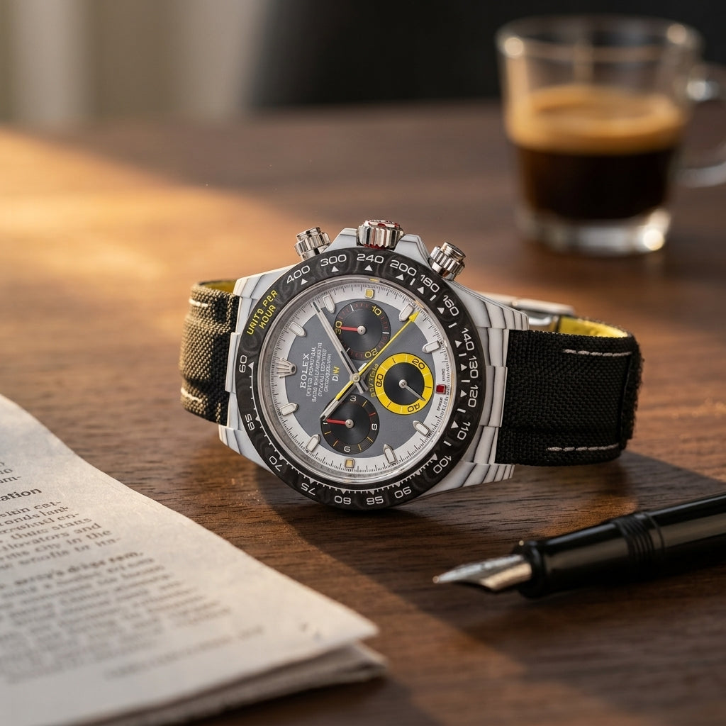 White ribbed-case chronograph with a grey dial and yellow counter on a dark walnut desk beside a fountain pen