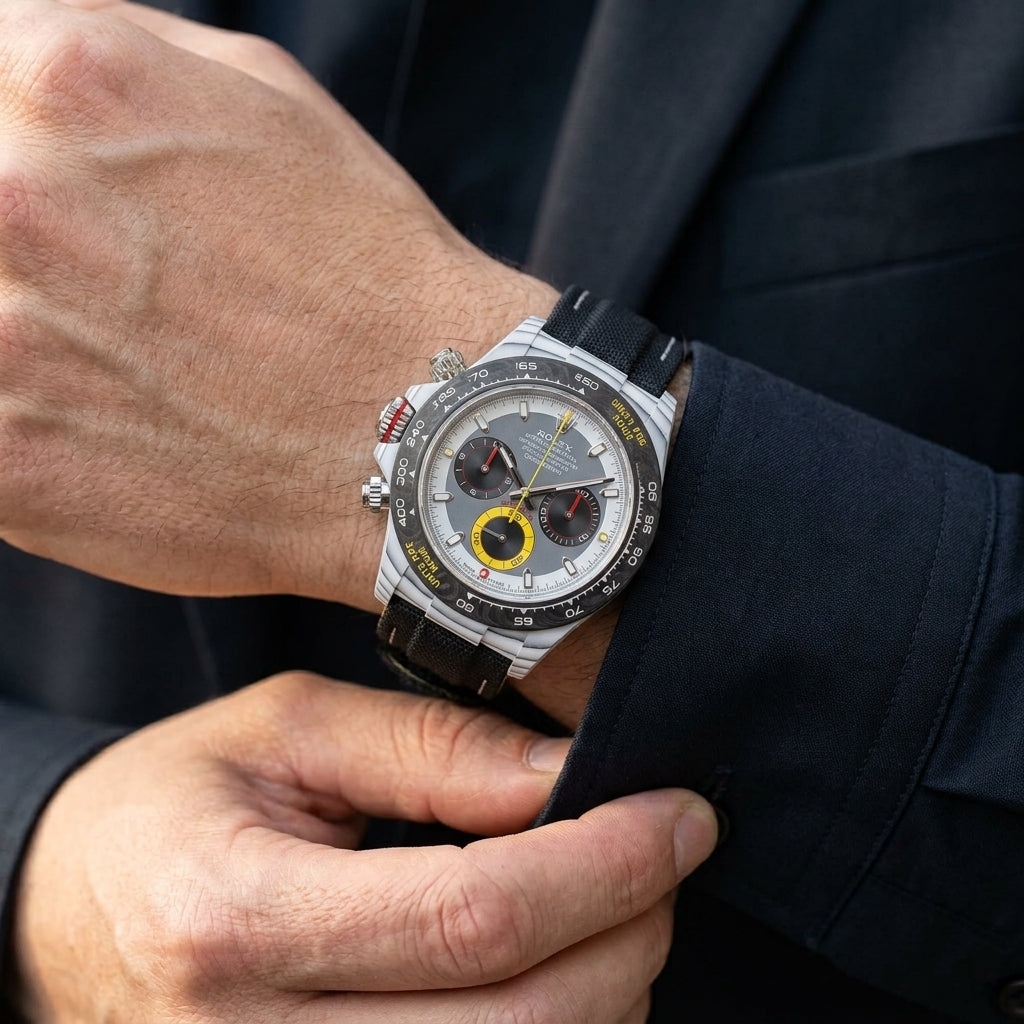 White ribbed-case chronograph with a grey dial and yellow counter on the wrist as a shirt cuff is fastened